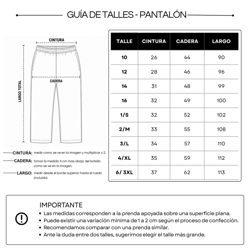 GUÍA DE TALLE PANTALÓN ED. FÍSICA SECUNDARIO Pantalón Rústico Unisex Inst. Arte Nuevo