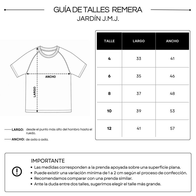GUÍA DE TALLES REMERA JARDÍN J.M.J Remera Unisex Jardín J.M.J.