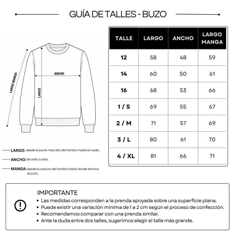 GUÍA DE TALLES-BUZO CLÁSICO CUELLO A LA BASE 12-4XL Buzo Friza Ed. Física IMC